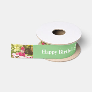 Happy Birthday Custom Foto und Name Grün & Weiß Satinband