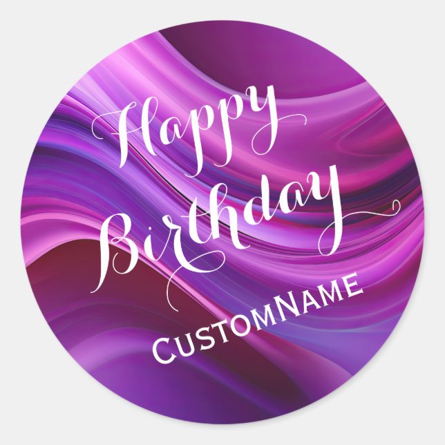 Happy Birthday Custom Personalisiert Name Lila Runder Aufkleber (Vorderseite)