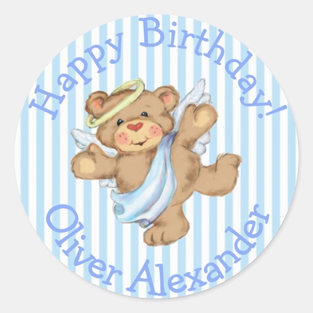 Happy Birthday Custom Teddy Bear Angel Runder Aufkleber (Vorderseite)