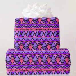 Happy Birthday Custom Text & Name Pink Lila Geschenkpapier