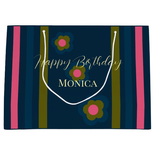 Happy birthday  Custom text navy blue & Hot pink Große Geschenktüte (Vorderseite)