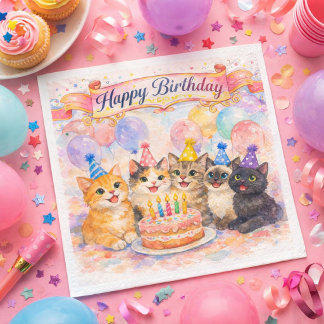  Happy Birthday Cute Party Cats Paper Napkin Serviette