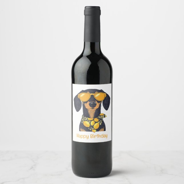 Happy Birthday Dachshund Dog Sunglasses Lemons Weinetikett (Vorderseite)