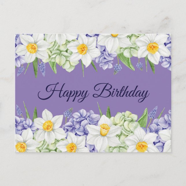 Happy Birthday Daffodil and Hydrangea Blume Postkarte (Vorderseite)