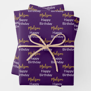 Happy Birthday Dark Lila White Gold Script Name Geschenkpapier Set