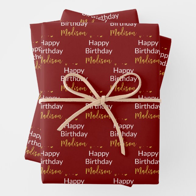 Happy Birthday Dark Red White Gold Script Name Geschenkpapier Set (Beispiel)