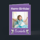 Happy Birthday Daughter Foto Lila Feiertagskarte<br><div class="desc">Herzlichen Glückwunsch zum Geburtstag deiner schönen Tochter. Diese Grußkarte bietet Ihr personalisiertes Foto auf lila Hintergrund mit niedlichen Zebras. Es ist eine warme Nachricht drin. Bestelle noch heute! Fotografie © Storytree Studios,  Stanford,  CA Clipart: AMB Illustrationen https://www.etsy.com/shop/AMBillustrations</div>