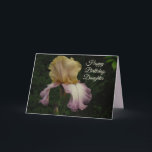 Happy Birthday Daughter Iris Foto Karte<br><div class="desc">Auf dieser eleganten Geburtstagskarte blüht eine schöne Iris. Die weiche Creme und die lila Blütenfarben heben sich von den dunklen Blätter des Gartens ab. Die Worte "Happy Birthday Daughter" erscheinen in einem eleganten Skript. Wünschen Sie Ihrer Tochter einen guten Geburtstag mit dieser schönen Blumenkarte. In der Karte steht der Text...</div>