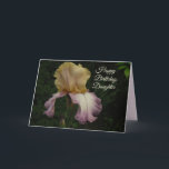 Happy Birthday Daughter Iris Foto Karte<br><div class="desc">Auf dieser eleganten Geburtstagskarte blüht eine schöne Iris. Die weiche Creme und die lila Blütenfarben heben sich von den dunklen Blätter des Gartens ab. Die Worte "Happy Birthday Daughter" erscheinen in einem eleganten Skript. Wünschen Sie Ihrer Tochter einen guten Geburtstag mit dieser schönen Blumenkarte. In der Karte steht der Text...</div>