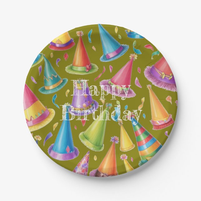 Happy Birthday Design mit Fun Party Hats Pappteller (Vorderseite)