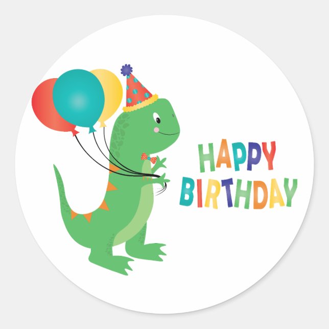 Happy Birthday Dinosaur Balloons Runder Aufkleber (Vorderseite)