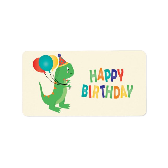 Happy Birthday Dinosaur Farbige Ballons Adressaufkleber (Vorne)