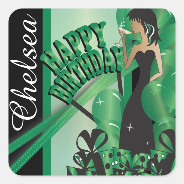 Happy Birthday Diva Girl | DIY Name | Grün Quadratischer Aufkleber (Vorderseite)