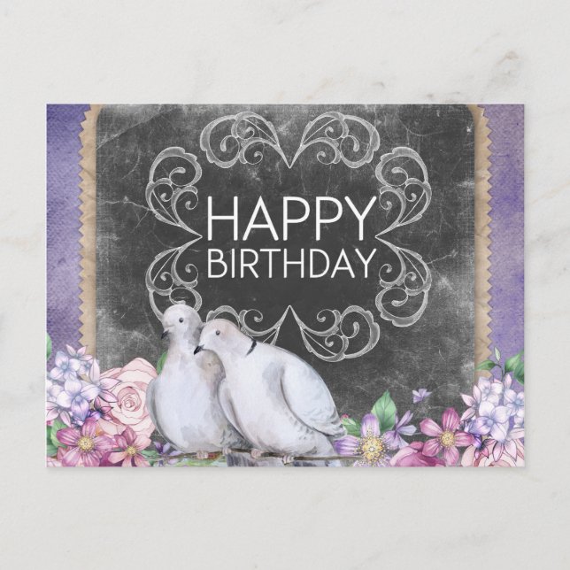 Happy Birthday Doves Floral Illustration Postkarte (Vorderseite)