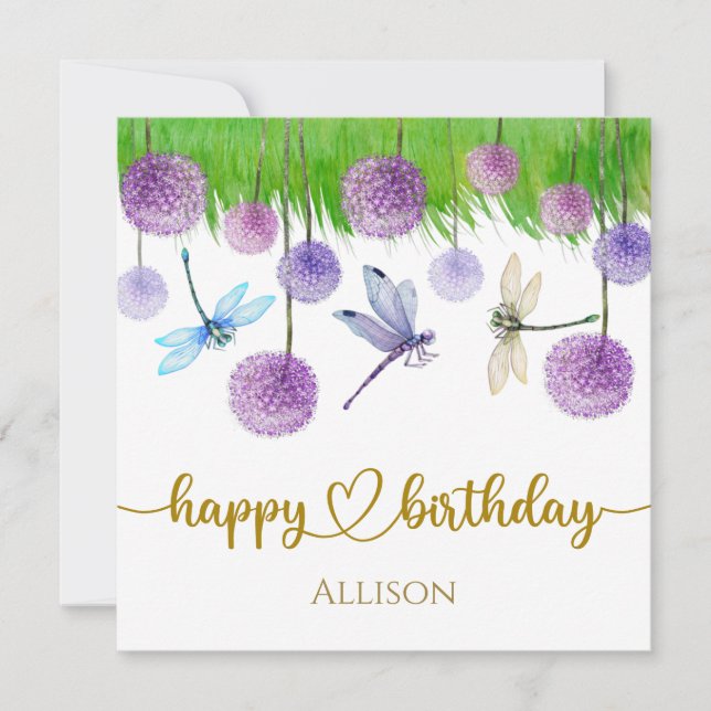 Happy Birthday Dragonflies Wilde Blume Wasserfarbe Karte (Vorderseite)
