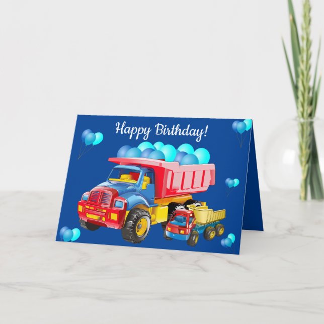 Happy Birthday Dump Trucks und Balloons Karte (Vorderseite)