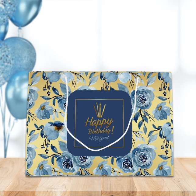 Happy Birthday Dusty Blue Gold Floral Name Große Geschenktüte (Von Creator hochgeladen)