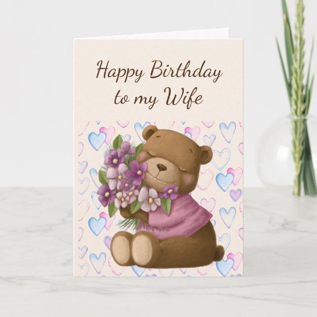Happy Birthday Ehefrau Liebe schätzen Bären Blume Karte (Vorderseite)
