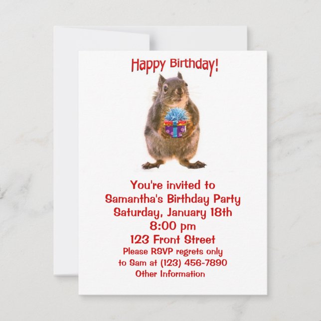 Happy Birthday Eichhörnchen mit Gegenwart Einladung (Vorderseite)