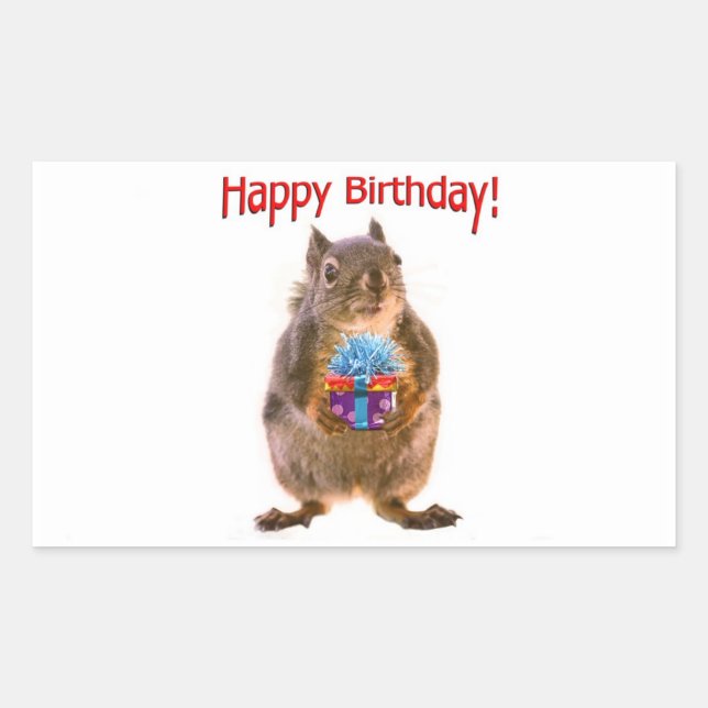 Happy Birthday Eichhörnchen mit Gegenwart Rechteckiger Aufkleber (Vorderseite)
