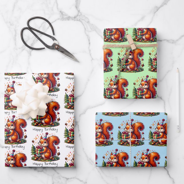 Happy Birthday Eichhörnchen Niedlicher Cartoon Geschenkpapier Set (Vorderseite)