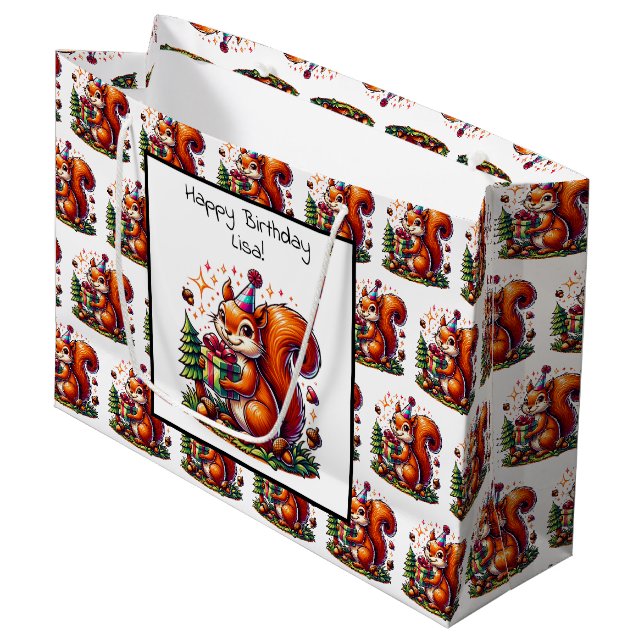 Happy Birthday Eichhörnchen Niedlicher Cartoon Große Geschenktüte (Vorderseite Schrägansicht)