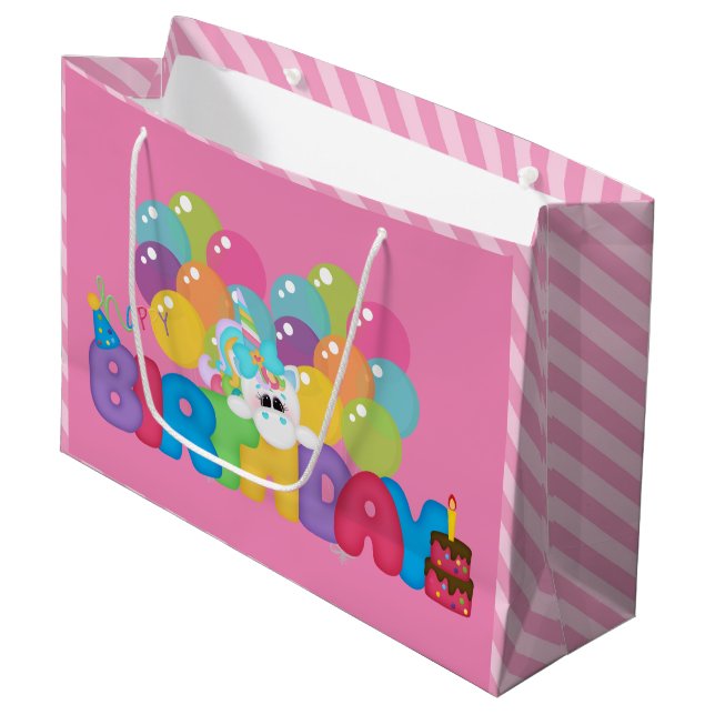 Happy Birthday Einhorn große Geschenktüte Mädchen (Vorderseite Schrägansicht)