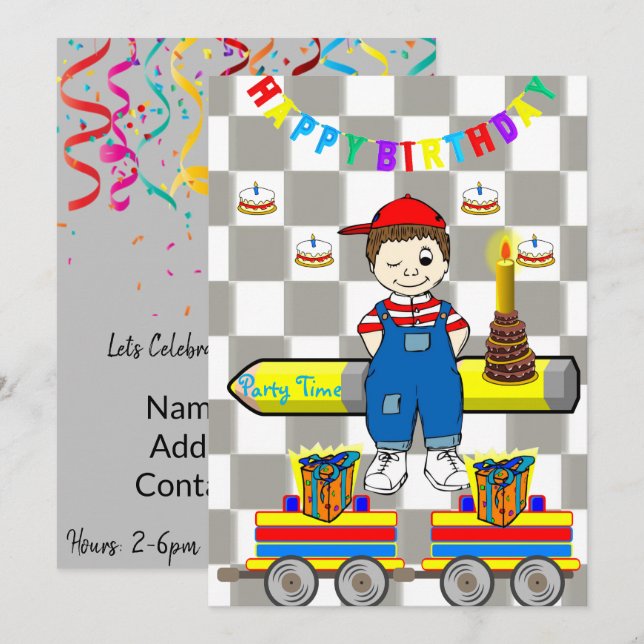 Happy Birthday Einladung Boy Trains (Vorne/Hinten)