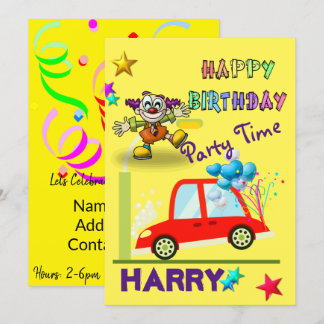 Happy Birthday Einladung Clown Car Gelb