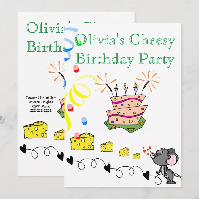 Happy Birthday Einladung Mousey Cheesy Party (Vorne/Hinten)