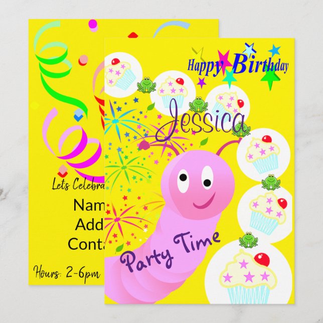 Happy Birthday Einladung Pink Worm Cupcakes (Vorne/Hinten)