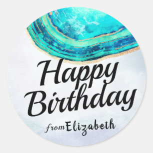 Happy Birthday Elegant Aquamarin Gold Agate Geode  Runder Aufkleber