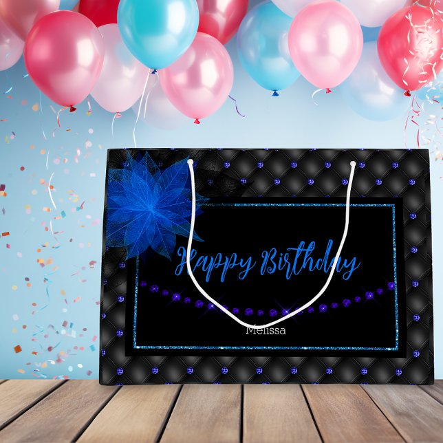 Happy Birthday Elegant Blau und Schwarz Große Geschenktüte (Von Creator hochgeladen)