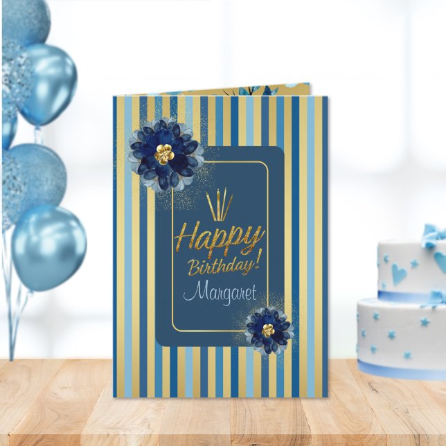 Happy Birthday Elegante Blue Gold Floral Customize Karte (Von Creator hochgeladen)