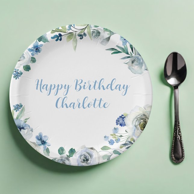 Happy Birthday Elegante Blue White Floral Party Pappteller (Von Creator hochgeladen)