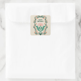 Happy Birthday Elegante Blumenrahmen Quadratischer Aufkleber