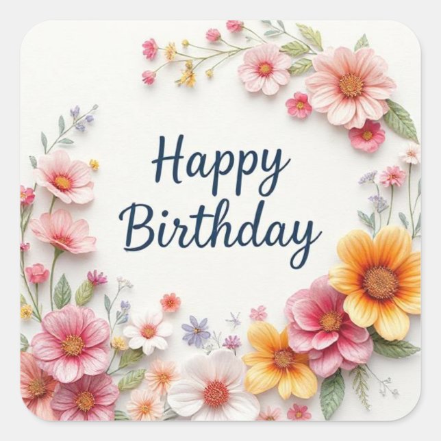 Happy Birthday Elegante Blumenstrauß Quadratischer Aufkleber (Vorderseite)