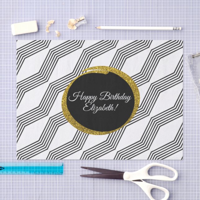 Happy Birthday Elegante Gold Glitzer Schwarz-weiß Seidenpapier (Handwerk)