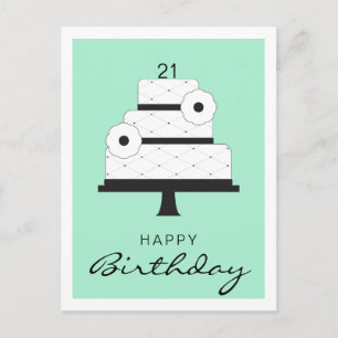 Happy Birthday Elegante Schwarz-Weiß-Kuchen Minze Postkarte