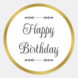 Happy Birthday Elegante weiße und goldene Grenze Runder Aufkleber