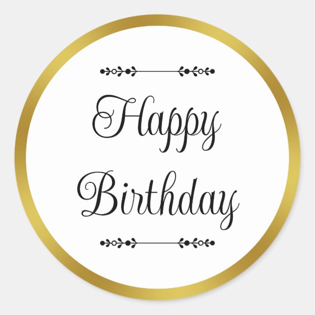 Happy Birthday Elegante weiße und goldene Grenze Runder Aufkleber (Vorderseite)