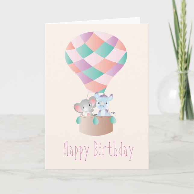 Happy Birthday Elephant Rhinoceros Hot Air Ballon Karte (Vorderseite)