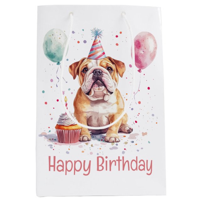 Happy Birthday English Bulldog Mittlere Geschenktüte (Vorderseite)