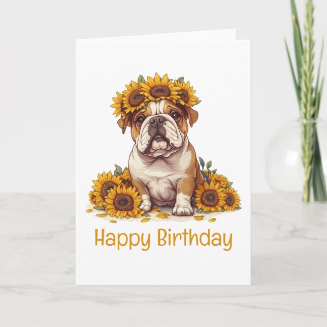 Happy Birthday English Bulldog Sunflower Crown Karte (Vorderseite)