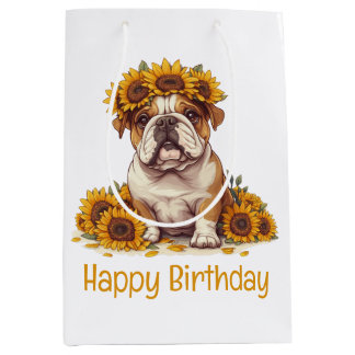 Happy Birthday English Bulldog Sunflower Crown Mittlere Geschenktüte