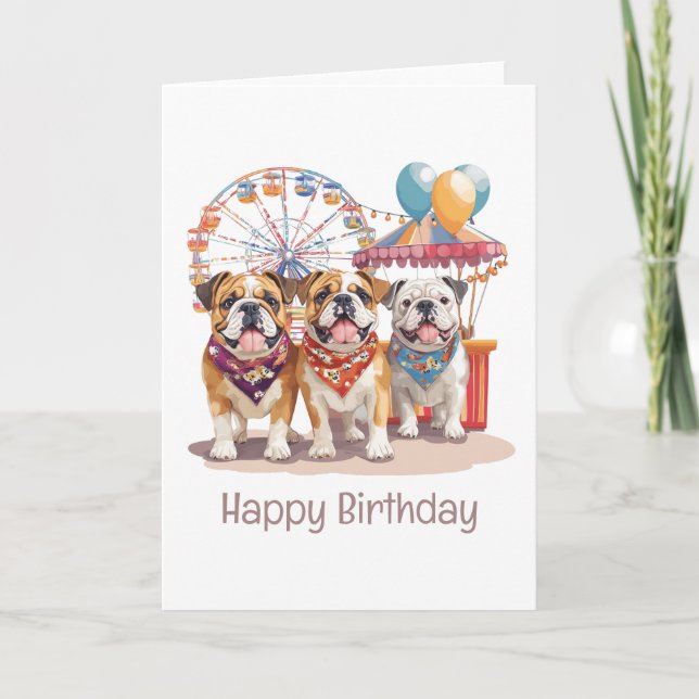 Happy Birthday English Bulldogs beim Carnival Karte (Vorderseite)