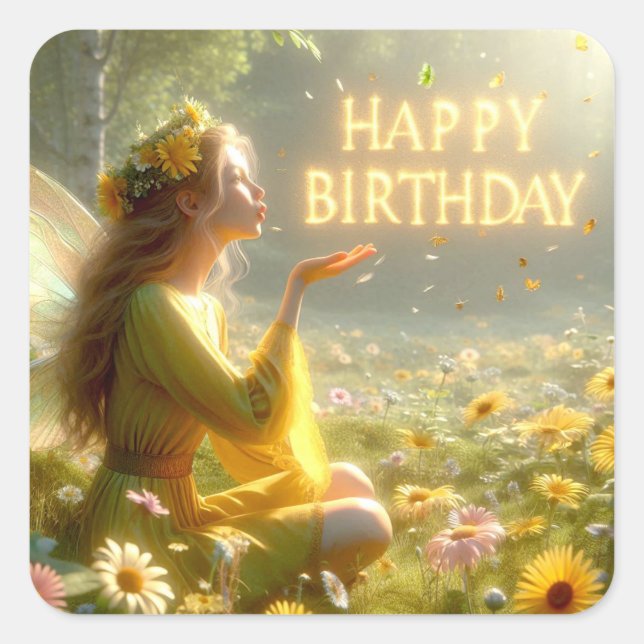 Happy Birthday Fairy Fantasy Magic Quadratischer Aufkleber (Vorderseite)