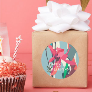 Happy Birthday farbenfroh Pink Magnolia Abstrakt Runder Aufkleber