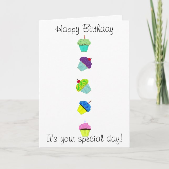Happy Birthday farbenfrohe Cupcakes Karte (Vorderseite)