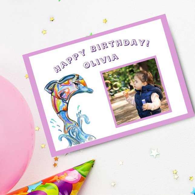 Happy Birthday farbenfrohe Dolphin Custom Foto Karte (Dive into a birthday splash with a personalized dolphin celebration card!)